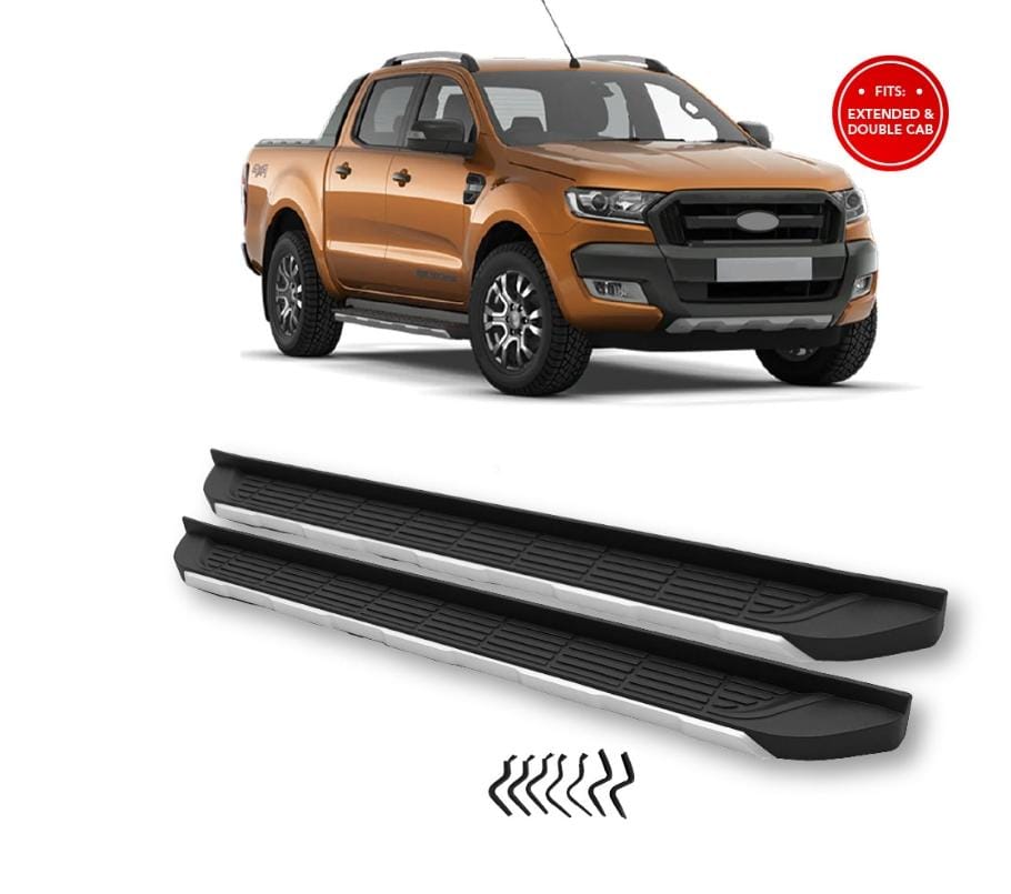 SUITABLE TO FIT RANGER 2012-2026 T7 WILDTRAK STYLE RUNNING BOARDS 2.06M BLACK WITH SILVER