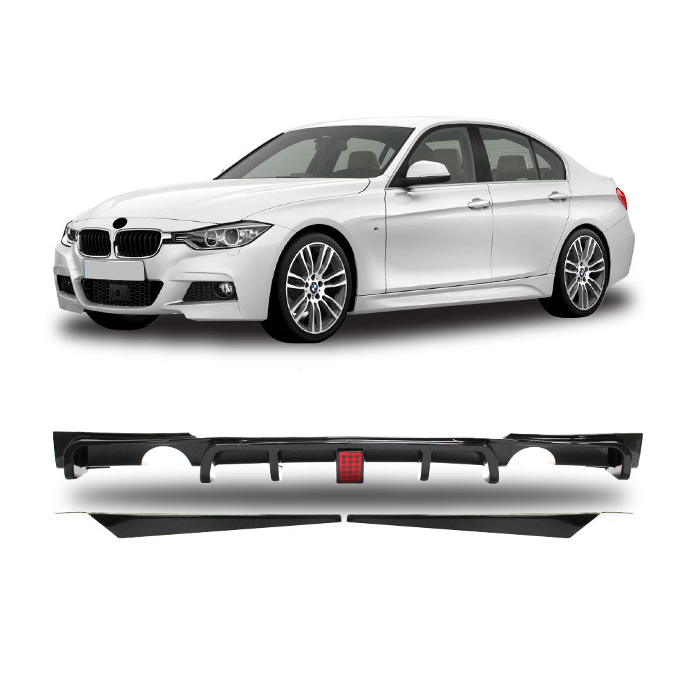 SUITABLE TO FIT BMW F30 TO F80 LED REAR DIFFUSER DOUBLE OUTLET SINGLE PIPE REAR DIFFUSER 3 PIECE GLOSS BLACK