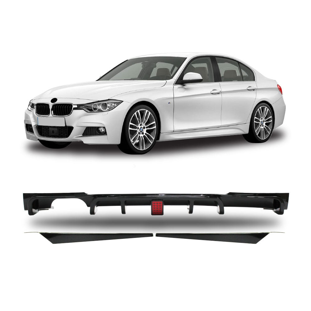 SUITABLE TO FIT BMW F30 TO F80 M PERFORMANCE LED REAR DIFFUSER SINGLE OUTLET DOUBLE PIPE 3 PIECE GLOSS BLACK