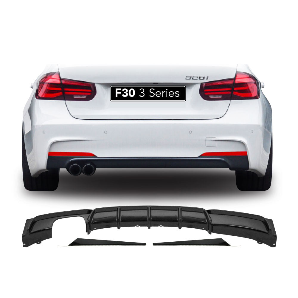 SUITABLE TO FIT BMW F30 SPORT M PERFORMANCE GLOSS BLACK REAR DIFFUSER DOUBLE PIPE SINGLE OUTLET GLOSS BLACK 3 PIECE