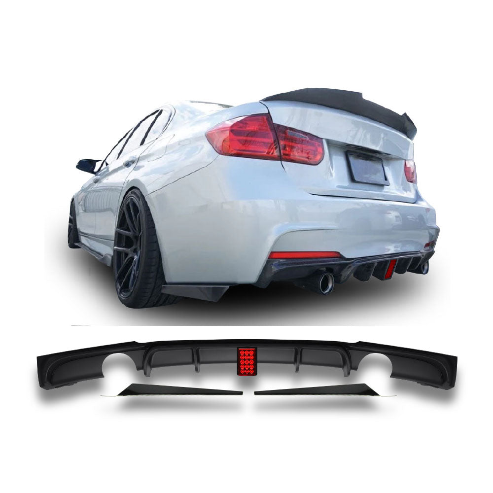 SUITABLE TO FIT BMW F30 TO F80 LED REAR DIFFUSER DOUBLE OUTLET SINGLE PIPE REAR DIFFUSER 3 PIECE GLOSS BLACK