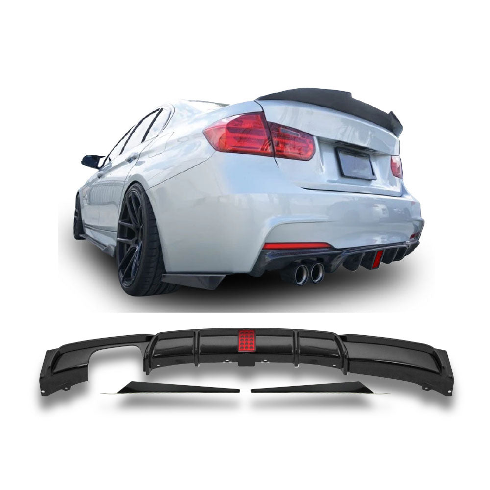 SUITABLE TO FIT BMW F30 TO F80 M PERFORMANCE LED REAR DIFFUSER SINGLE OUTLET DOUBLE PIPE 3 PIECE GLOSS BLACK