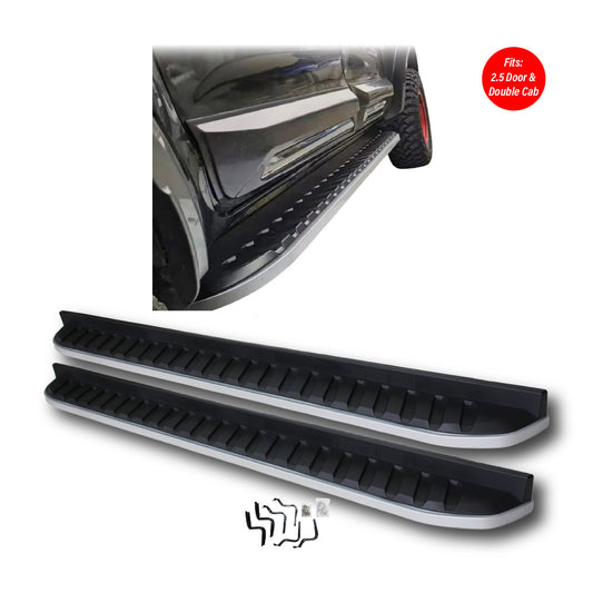 SUITABLE TO FIT RANGER 2012-2025 NEXT GEN WILDTRAK STYLE RUNNING BOARDS BLACK WITH SILVER