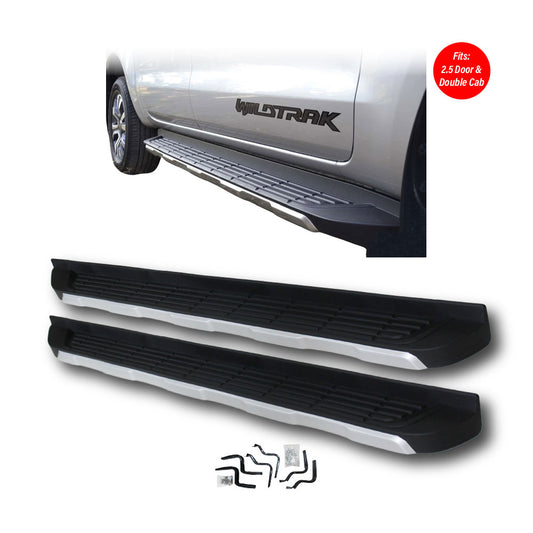 SUITABLE TO FIT RANGER 2012-2025 T7 WILDTRAK STYLE RUNNING BOARDS BLACK WITH SILVER