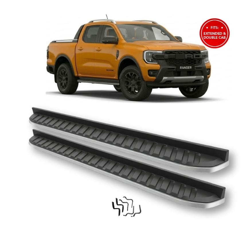 SUITABLE TO FIT RANGER 2012 - 2025 NEXT GEN WILDTRAK STYLE RUNNING BOARDS 2.07M BLACK QITH SILVER